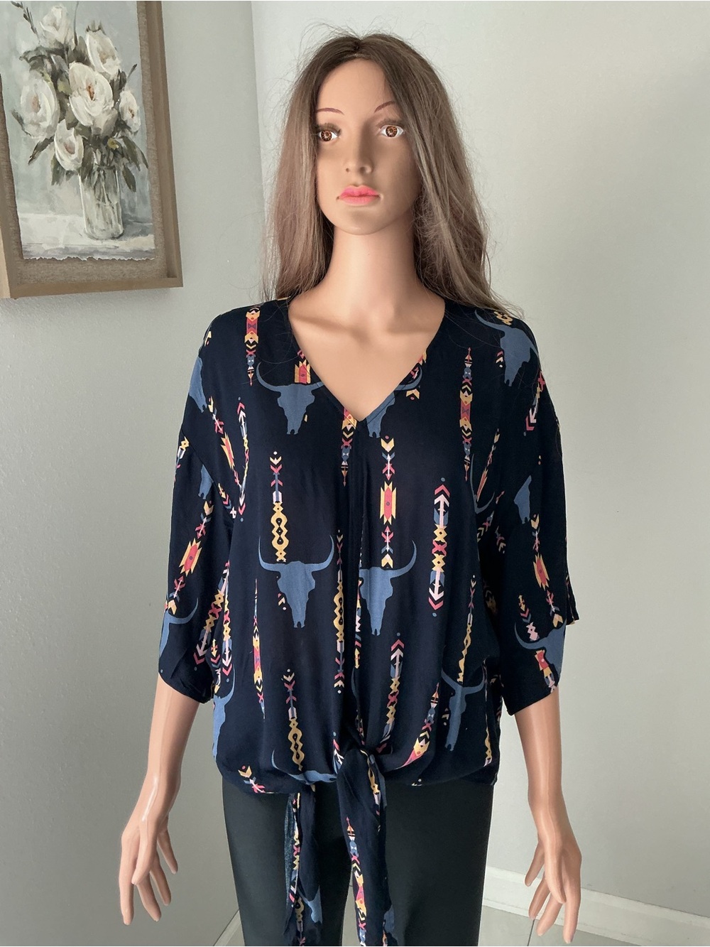 Ariat Navy Southwestern Tie-Front V-Neck Blouse